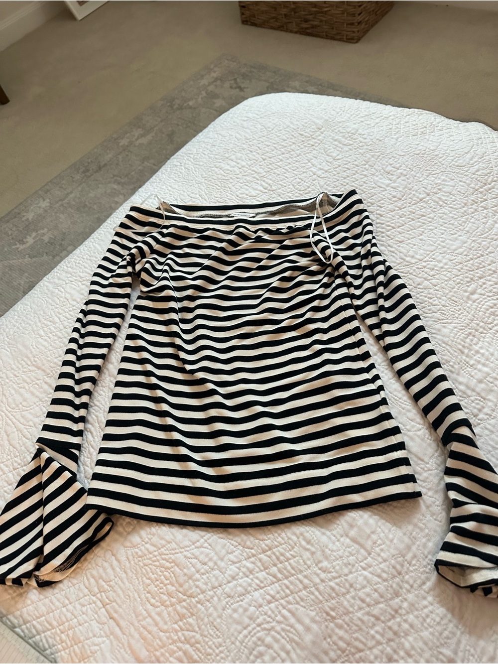 Club Monaco Black & Cream Striped Off-Shoulder Long Sleeve Top